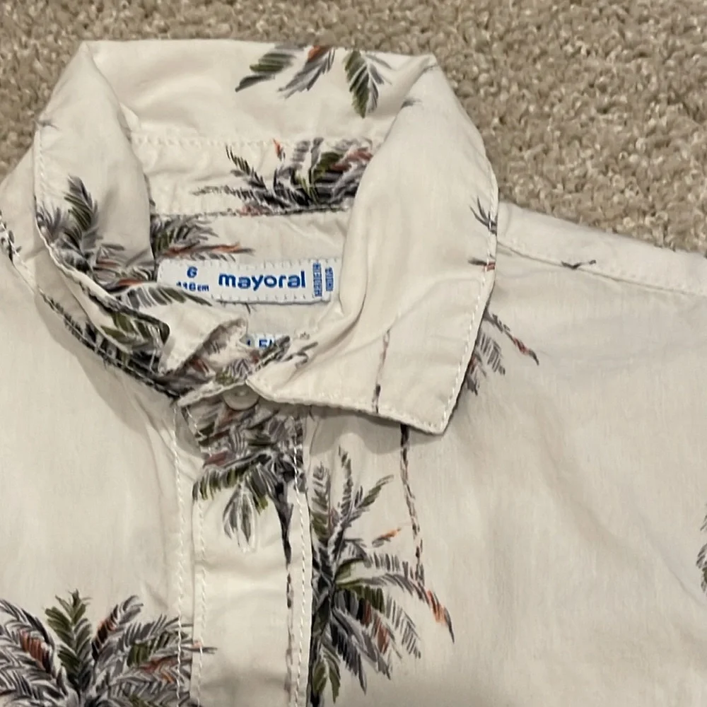 Set of TWO tropical print short sleeve button front shirts, size 6